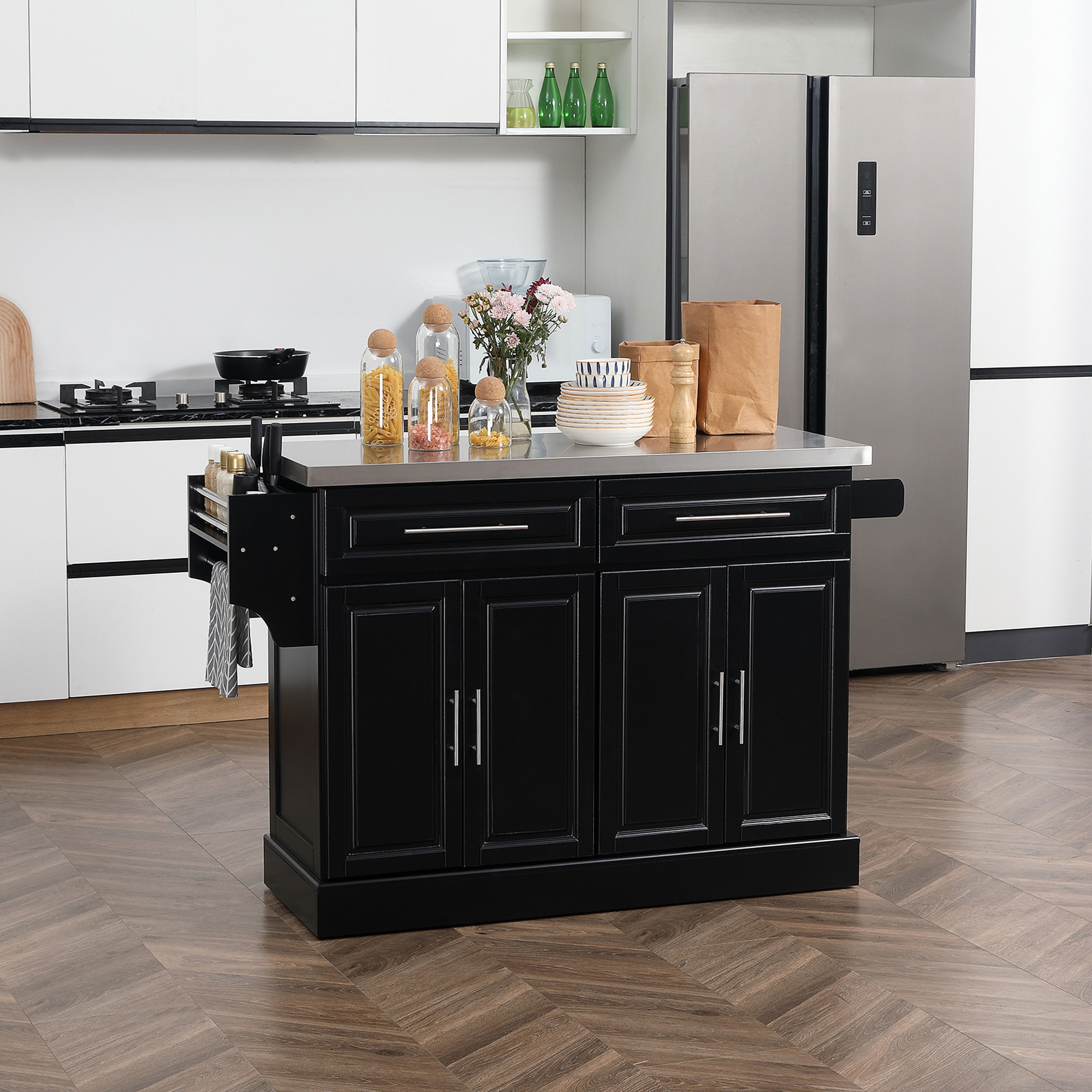 Isla de Cocina con Ruedas Carro de Cocina con Tablero de Acero Inoxidable 2 Cajones 4 Puertas 2 Estantes Ajustables Especiero y Toallero 145x45x93 cm Negro