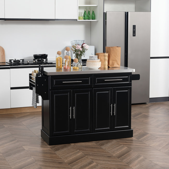 Isla de Cocina con Ruedas Carro de Cocina con Tablero de Acero Inoxidable 2 Cajones 4 Puertas 2 Estantes Ajustables Especiero y Toallero 145x45x93 cm Negro
