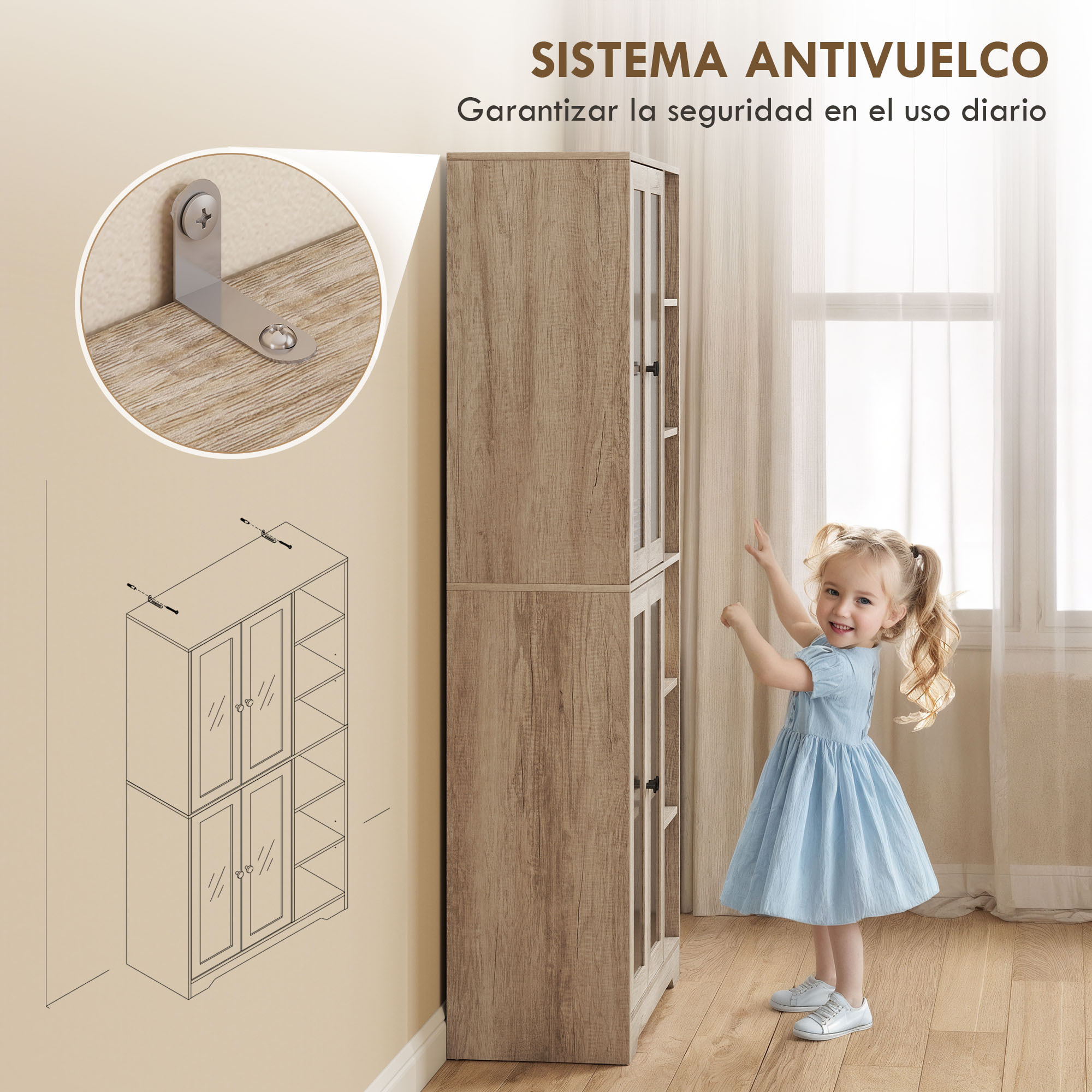 Alacena de Cocina, Mueble Auxiliar de Cocina con Estantes Abiertos y 4 Puertas de Vidrio con Cierre Suave, Estantes Ajustables, para Comedor, Salón, 90x35x172 cm, Gris Claro