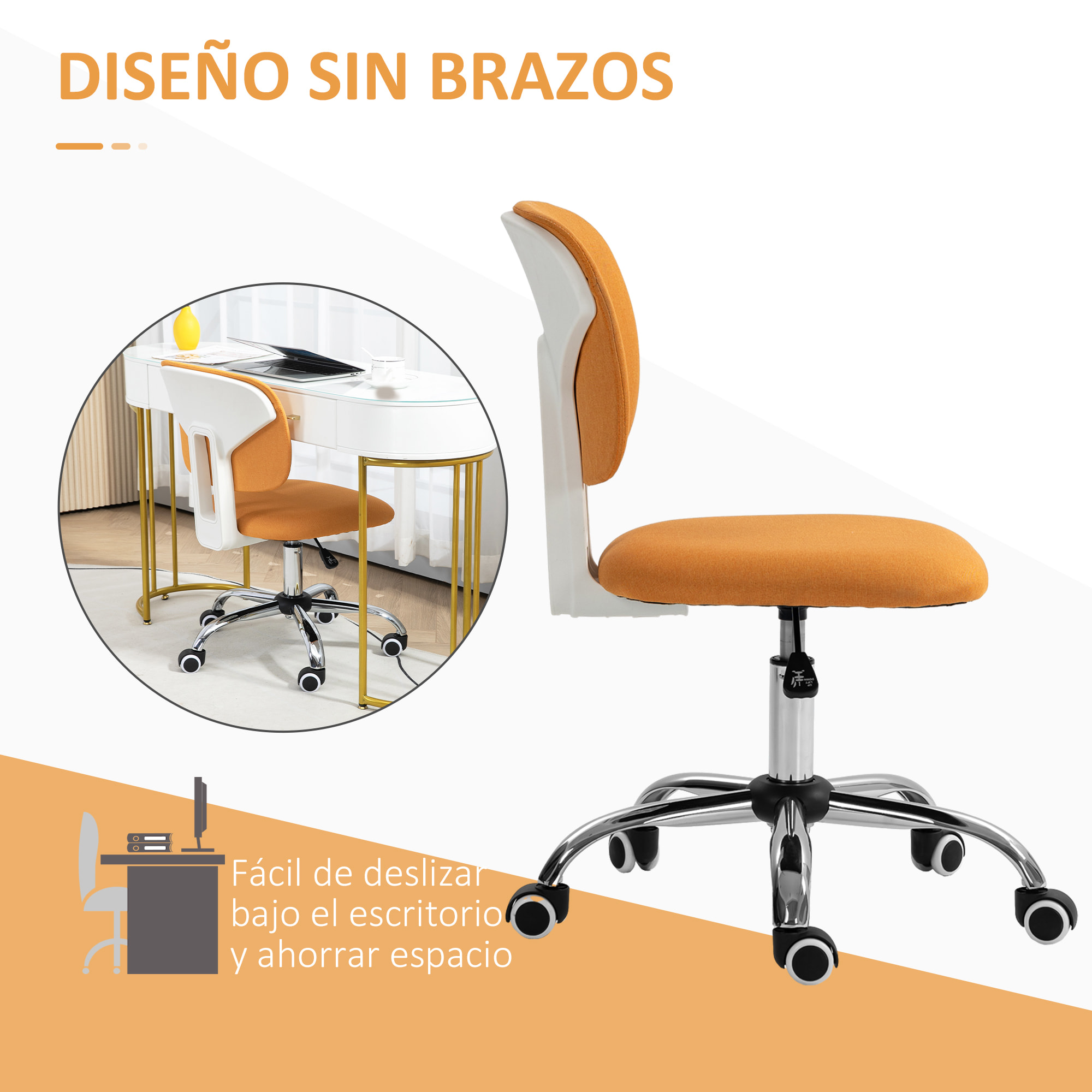 Silla de Oficina sin Brazos Silla de Escritorio Giratoria Tapizado de Tela con Altura Ajustable Estilo Moderno Carga 120 kg 48x53x80-90 cm Naranja