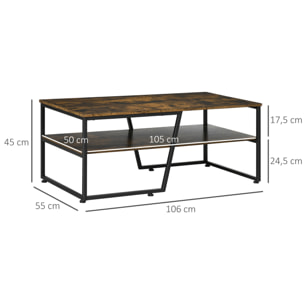 Table basse rectangulaire design industriel avec étagère acier noir panneaux aspect vieux bois veinage