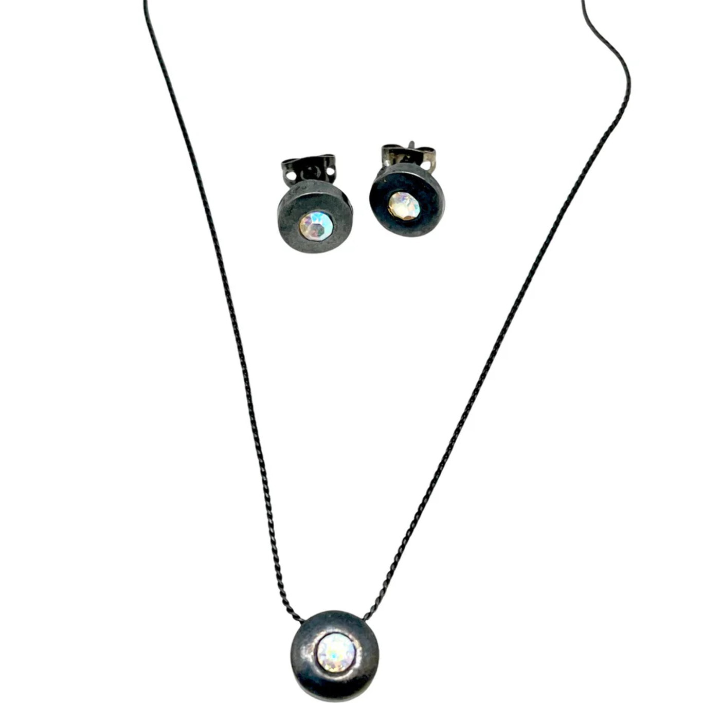 Conjunto collar y pendiente redondo plata 10µ gun y cristal Sw