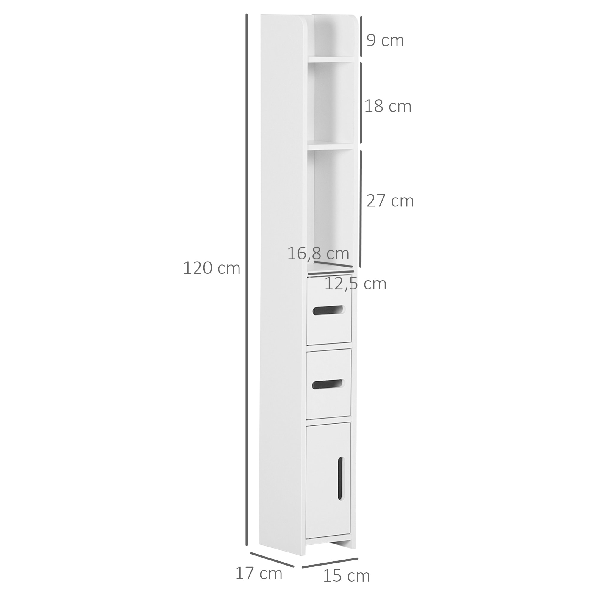 kleankin Armario Alto de Baño con 3 Puertas y 3 Estantes Abiertos Columna Auxiliar de Baño para Salón Aseo Dormitorio Estilo Moderno 15x17x120 cm Blanco