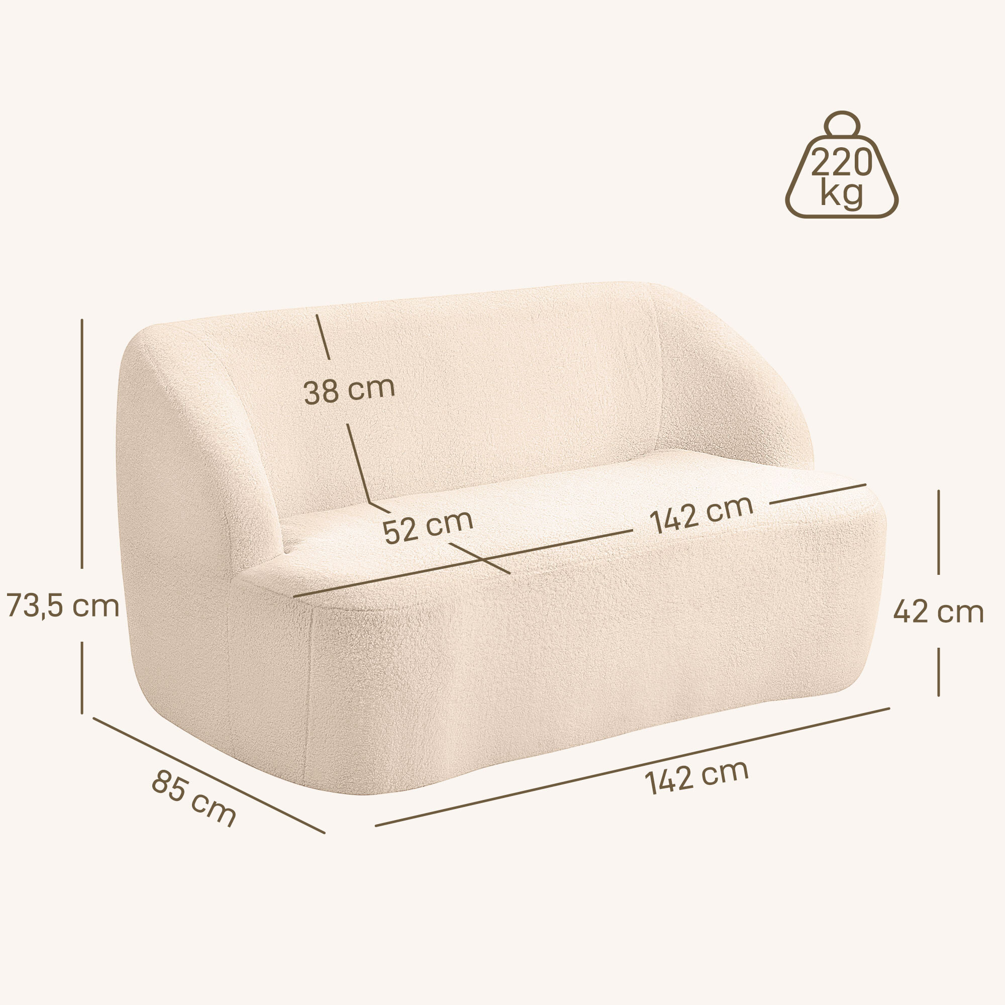 Canapé 2 places bouclette beige dim. 142 x 85 x 73,5 cm aucun montage