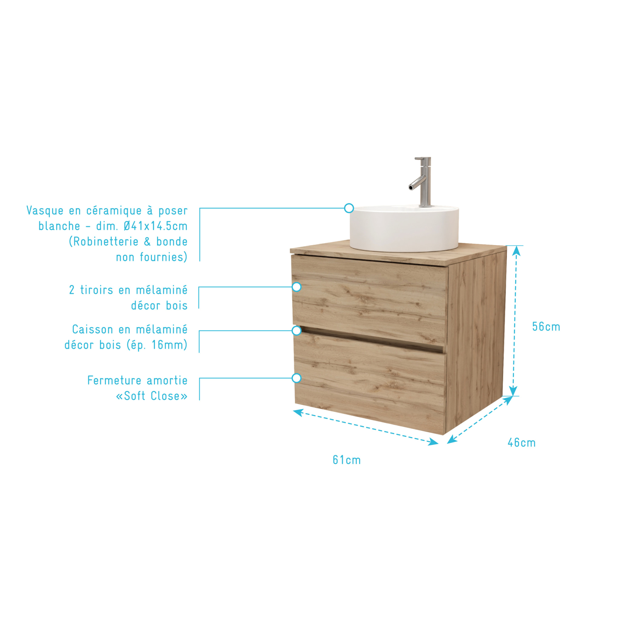 Meuble Salle de Bains 60cm 2 Tiroirs Chêne Naturel + Vasque Ronde Diamètre 41cm en Céramique Blanche