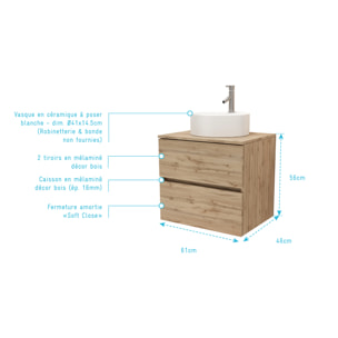 Meuble Salle de Bains 60cm 2 Tiroirs Chêne Naturel + Vasque Ronde Diamètre 41cm en Céramique Blanche