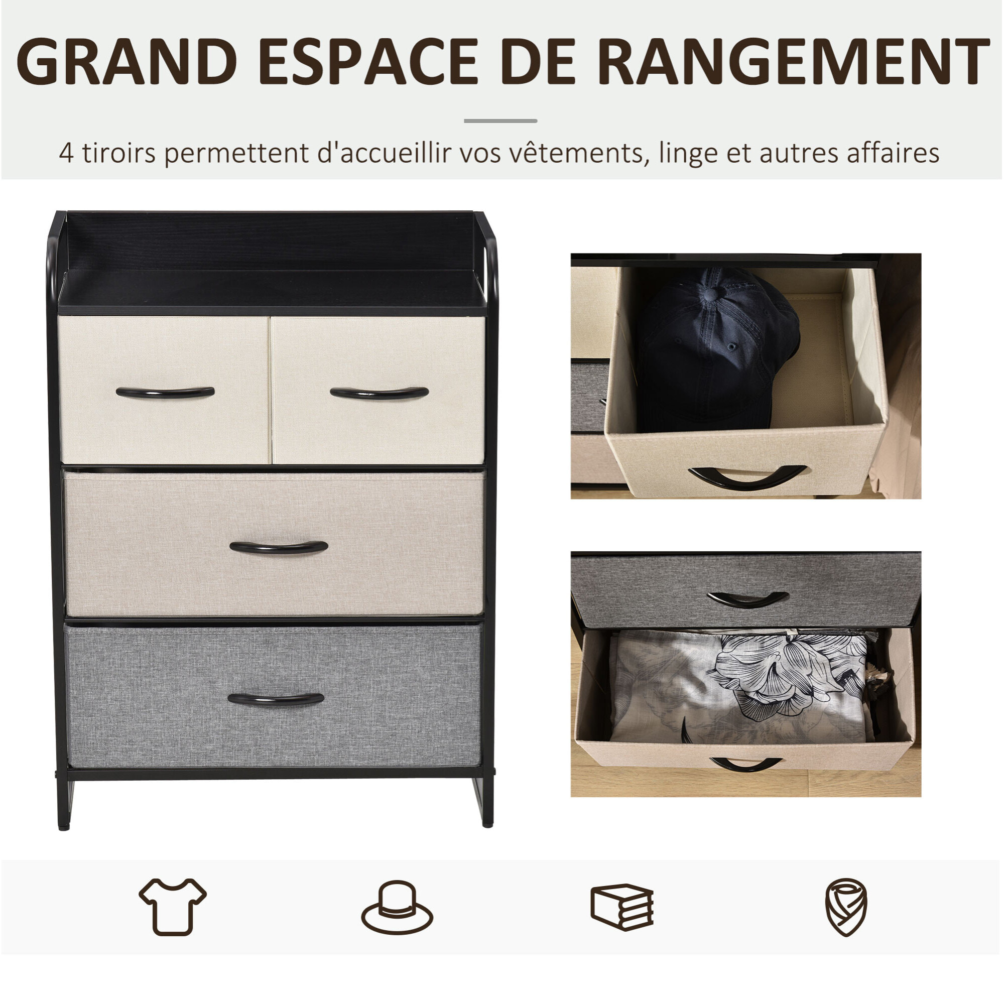 Meuble de rangement chiffonnier 4 tiroirs en tissu 58 x 29 x 78,5 cm noir gris écru beige