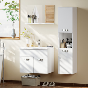 Conjunto de Muebles de Baño de Pared de 4 Piezas con Lavabo Cerámico, Espejo con Estante, Mueble Bajo Lavabo y Columna de Baño, Estilo Moderno, Blanco