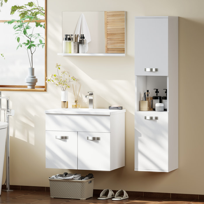 Conjunto de Muebles de Baño de Pared de 4 Piezas con Lavabo Cerámico, Espejo con Estante, Mueble Bajo Lavabo y Columna de Baño, Estilo Moderno, Blanco