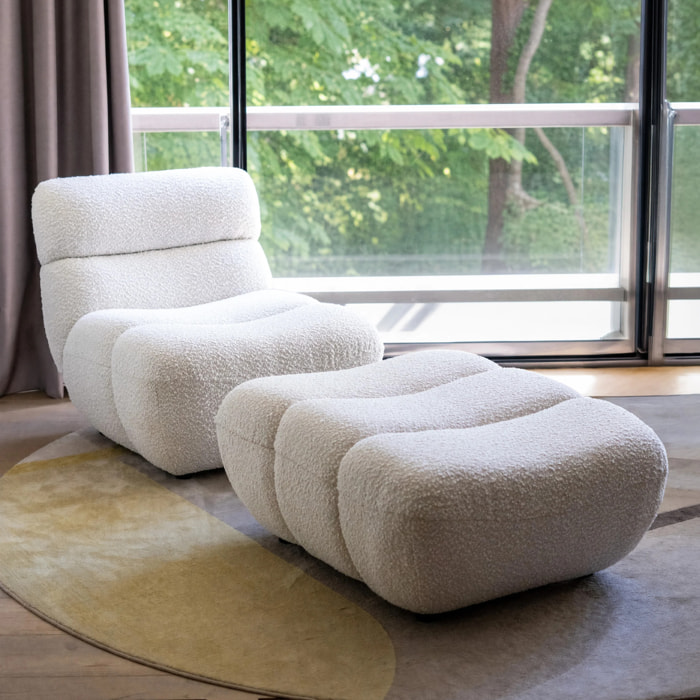 Ensemble fauteuil et pouf en tissu bouclé blanc - Teddy