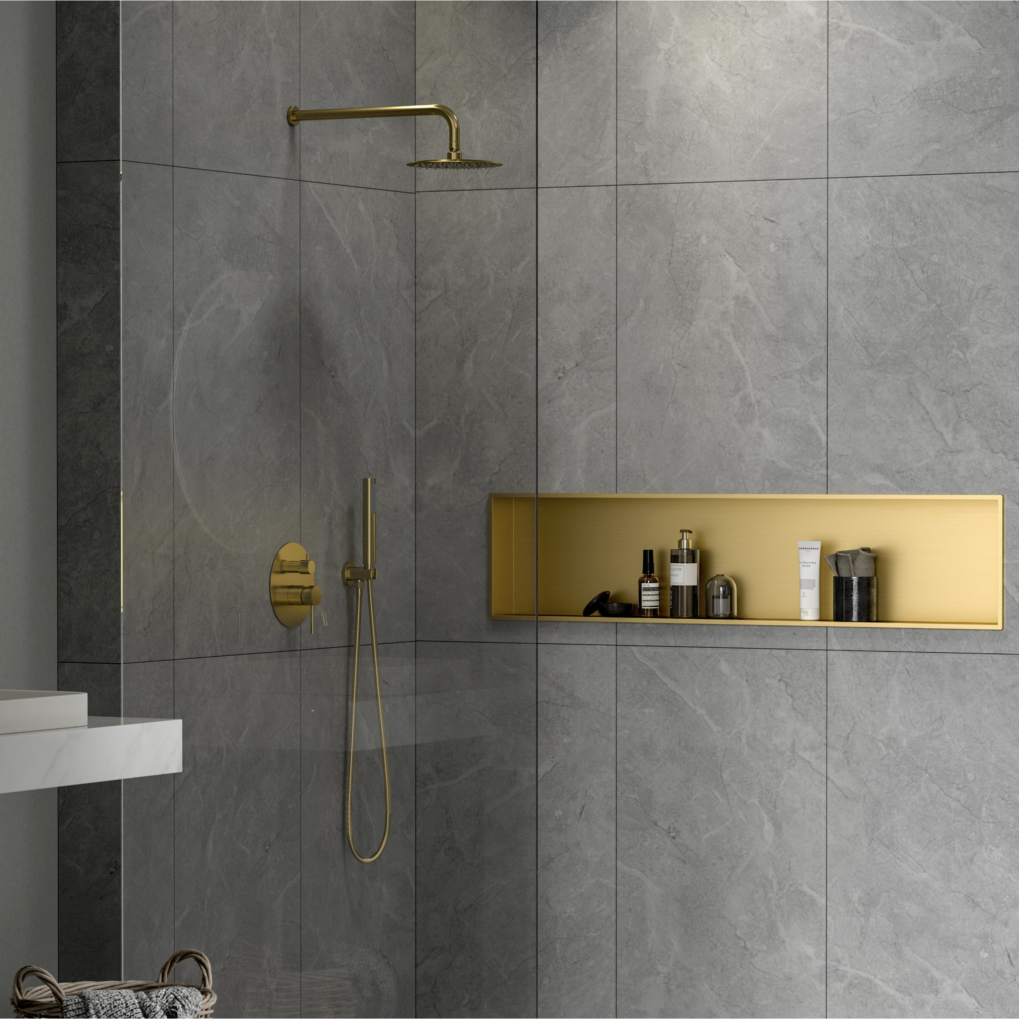 Niche de Douche à encastrer, Acier Inoxydable 304, 120x30x10cm, Or brossé PVD (SATAURN12128BG)