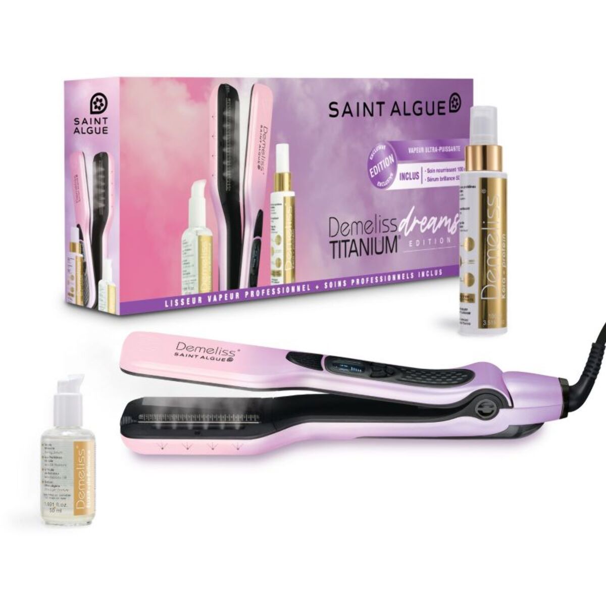Lisseur vapeur SAINT ALGUE Titanium Dreams rose/violet + 2 soins