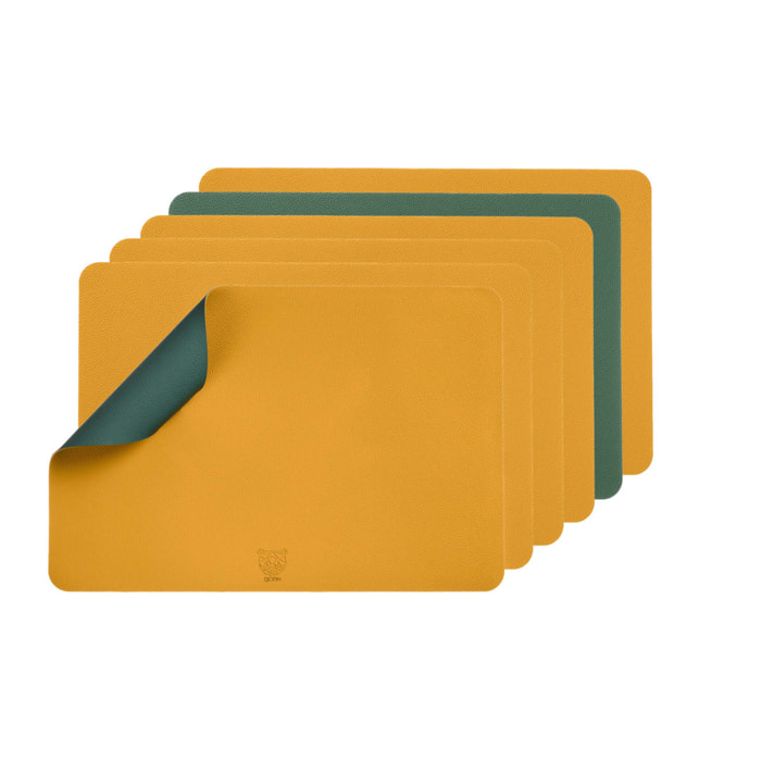 Set de table rectangulaire réversible - 6 pièces - Cuir recyclé jaune moutarde et vert sapin