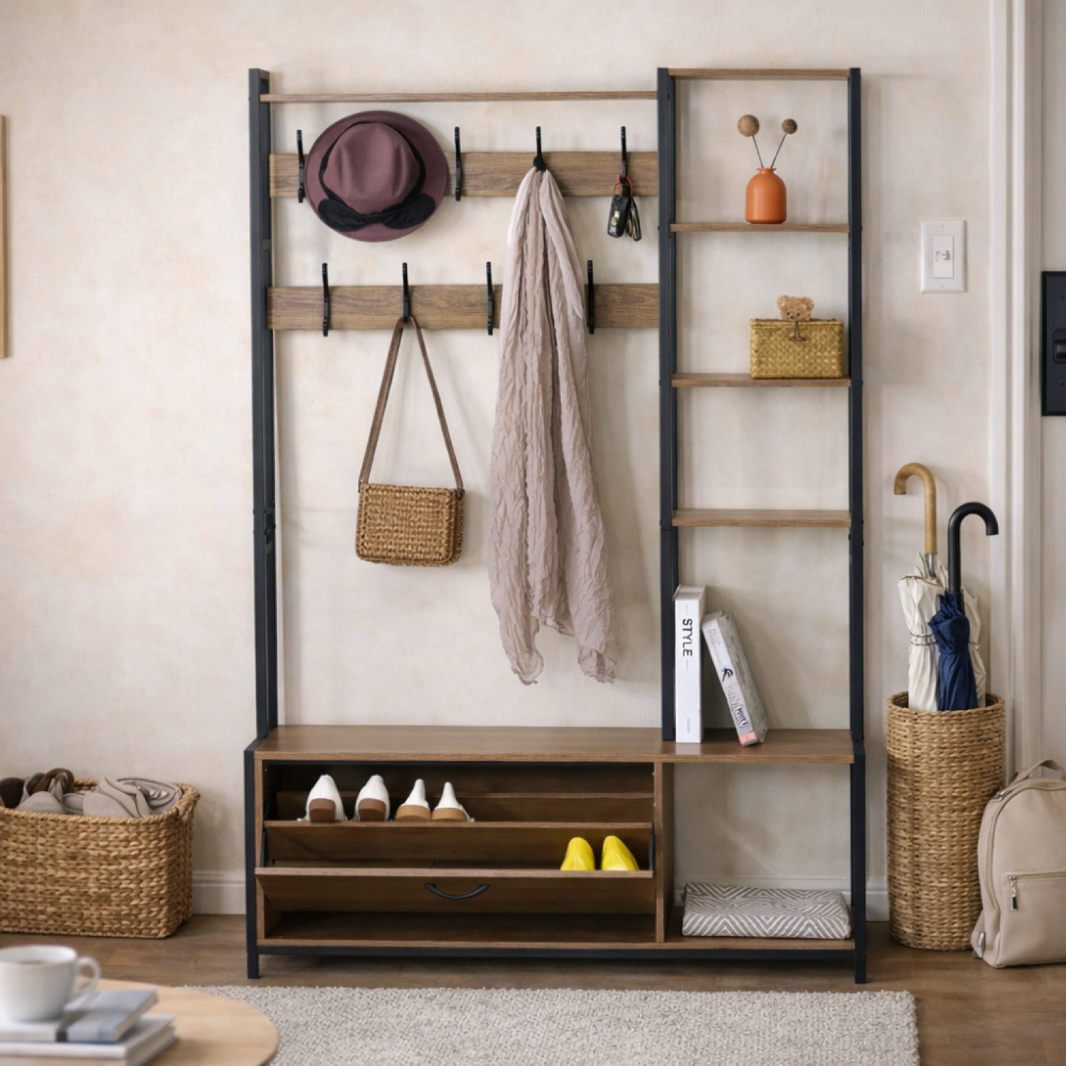 ASHANTI Meuble d'entrée 182x120cm noyer et noir