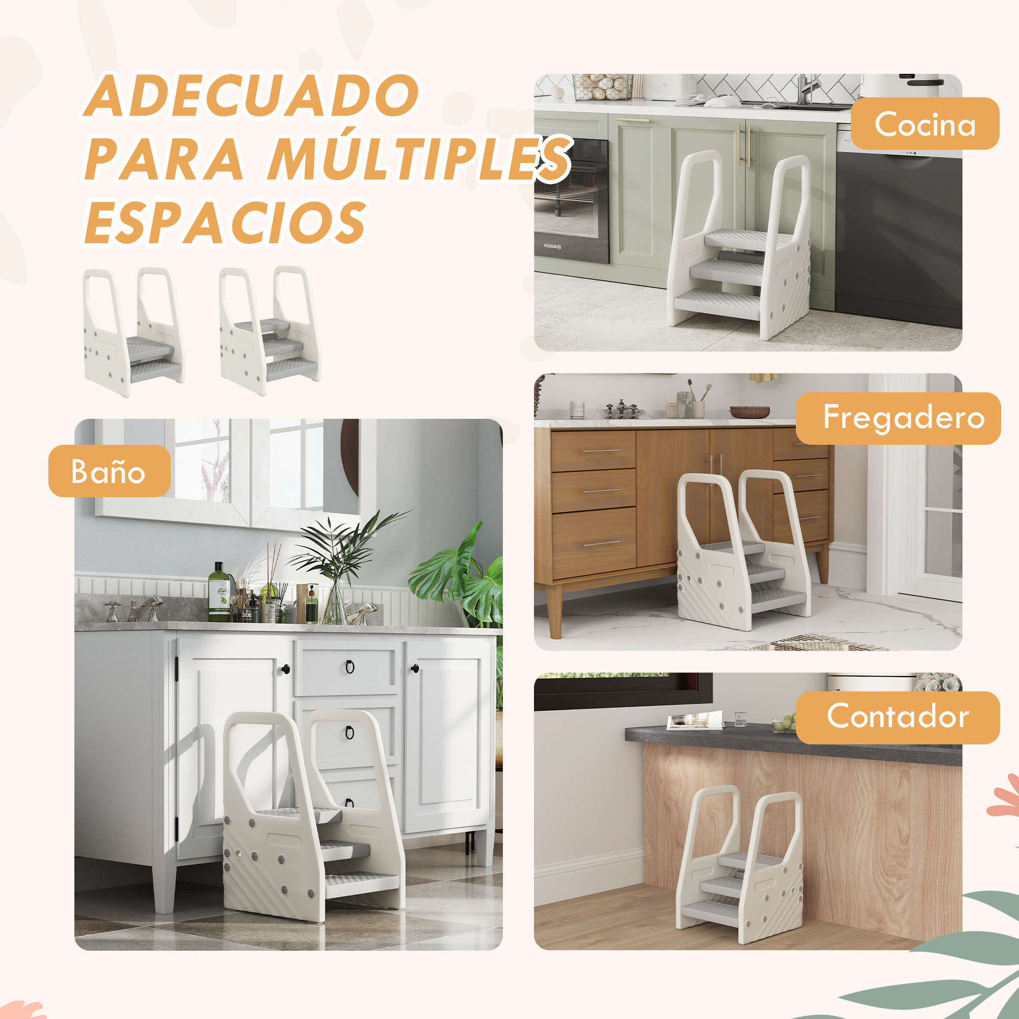 Taburete para Niños Ajustable de 2 a 3 Peldaños, Torre de Aprendizaje, Escalera para Niños de 2-5 Años, Superficie Antideslizante, para Baño, Cocina, Librería, Dormitorio, Gris