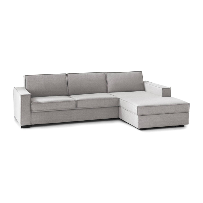 Divano fisso Maia, Divano ad angolo, 100% Made in Italy, Sofà Soggiorno con, penisola contenitore Destra, con Braccioli slim, Cm 260x95h90, Grigio