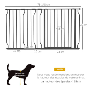 Barrière de sécurité animaux - longueur réglable dim. 75-145 cm - porte double verrouillage, ouverture double sens -sans perçage - acier ABS noir