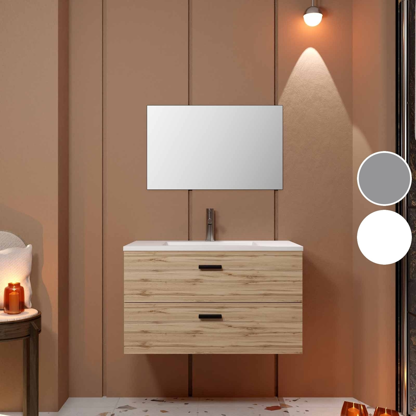 Meuble salle de bain 80cm suspendu 2 tiroirs Décor Bois avec vasque et miroir - BOX-IN