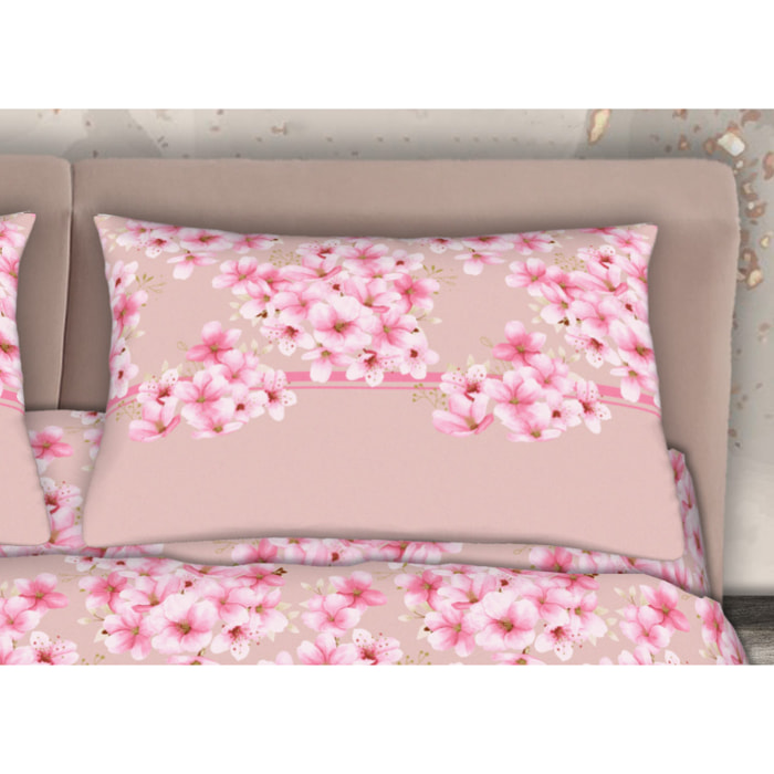 Completo Lenzuola 100% Cotone Effetto Seta Fiorellino Rosa CN
