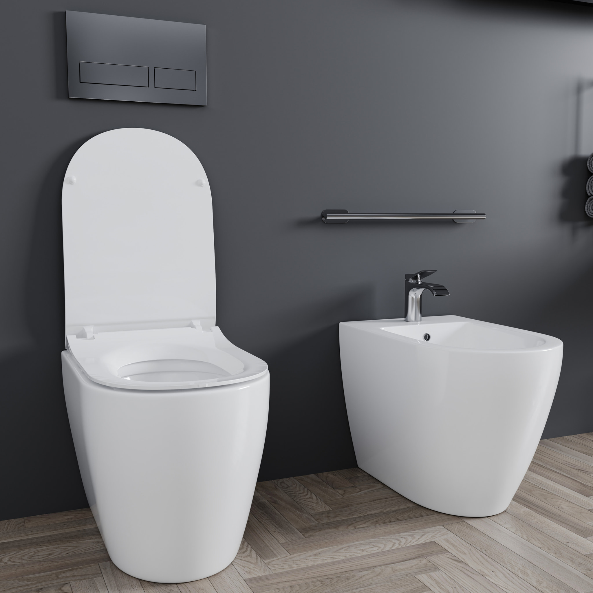 Coppia Sanitari Filomuro Filo Muro Filo Parete Vaso WC E Bidet Design Moderno In Ceramica Copriwater Chiusura Soft Close Rallentata Bianco Lucido