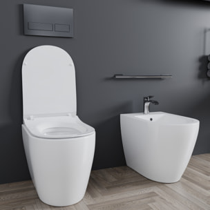 Coppia Sanitari Filomuro Filo Muro Filo Parete Vaso WC E Bidet Design Moderno In Ceramica Copriwater Chiusura Soft Close Rallentata Bianco Lucido
