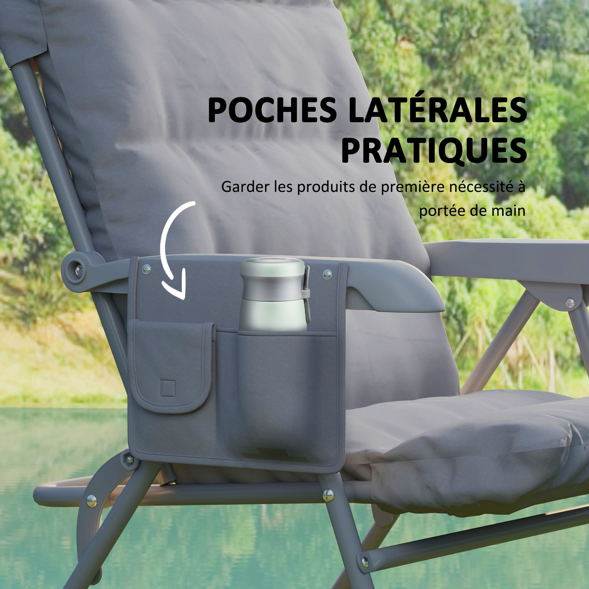 Chaise de camping pliante rembourrée inclinable grand confort gris