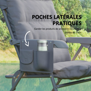 Chaise de camping pliante rembourrée inclinable grand confort gris