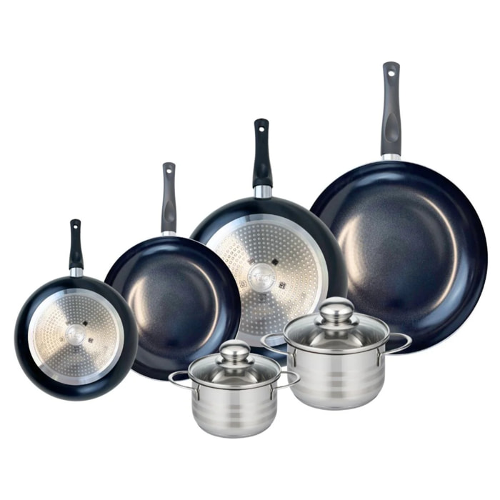 Ensemble de 4 Poêles de cuisson 20, 24, 28 et 32 cm et 2 faitouts 14 et 16 cm Elo Prima Brillant