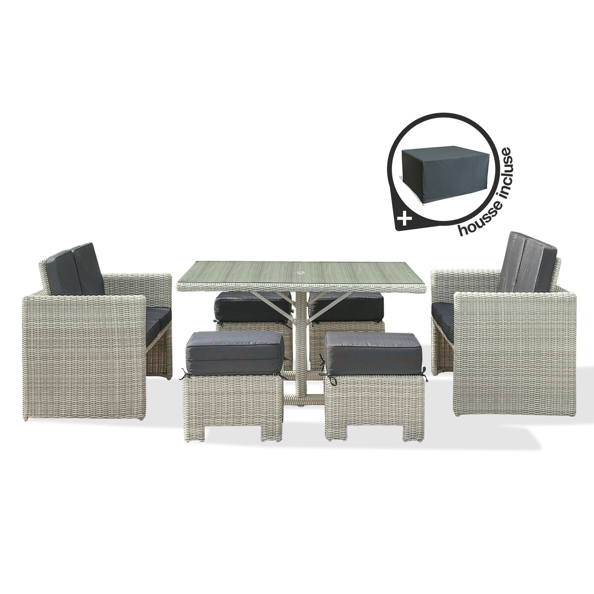 OCEANE - Ensemble repas encastrable 8 places en résine tressée crème + housse