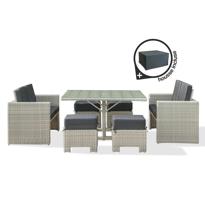 OCEANE - Ensemble repas encastrable 8 places en résine tressée crème + housse