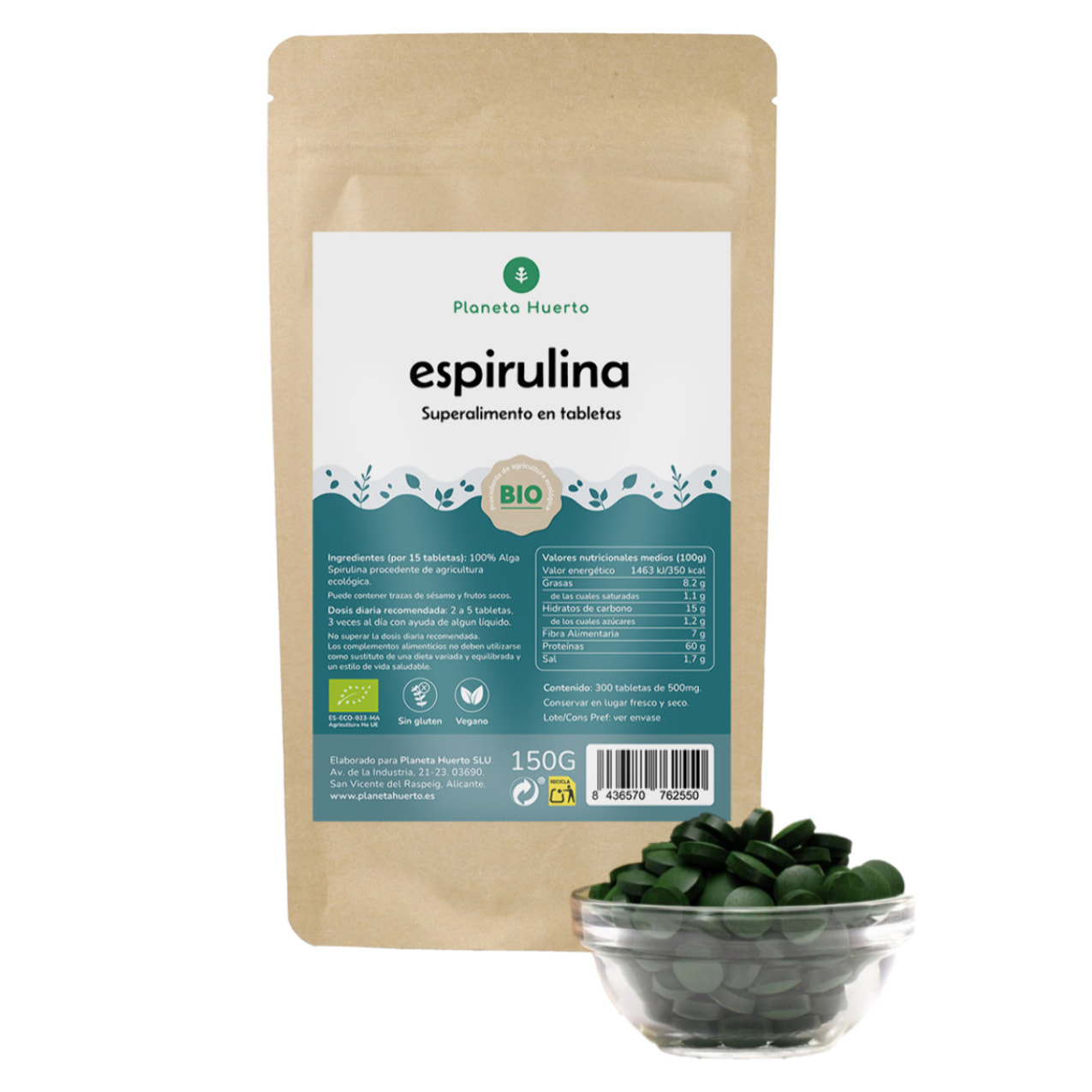 Espirulina 500mg BIO Planeta Huerto 300 tabletas