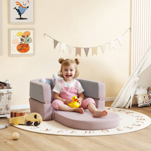Sofá Infantil Convertible, Sofá para Niños con Cojín de Corona, Plegable en Cama y Zona de Juego, Tapizado de Terciopelo Suave, para Niños 18-36 Meses, Rosa y Azul Grisáceo