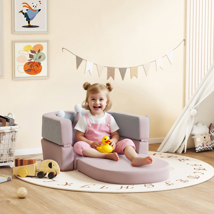 Sofá Infantil Convertible, Sofá para Niños con Cojín de Corona, Plegable en Cama y Zona de Juego, Tapizado de Terciopelo Suave, para Niños 18-36 Meses, Rosa y Azul Grisáceo