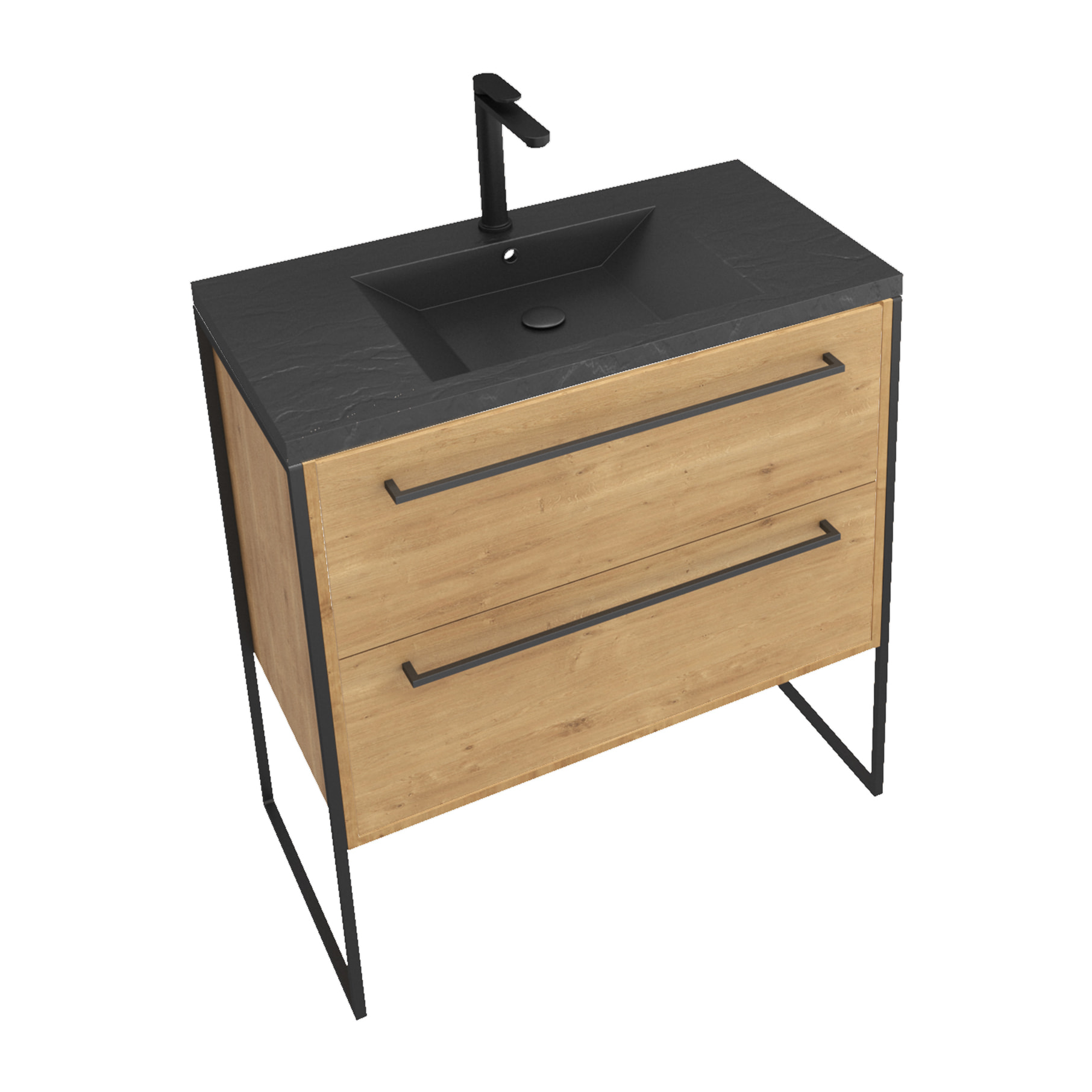 Meuble de salle de bain 80x50cm chêne brun - 2 tiroirs chêne brun- vasque résine noire effet pierre