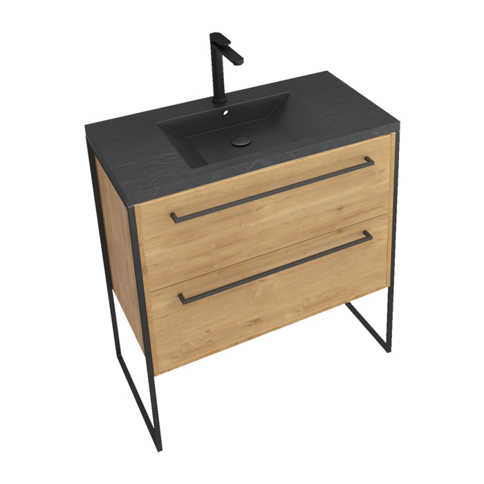 Meuble de salle de bain 80x50cm chêne brun - 2 tiroirs chêne brun- vasque résine noire effet pierre