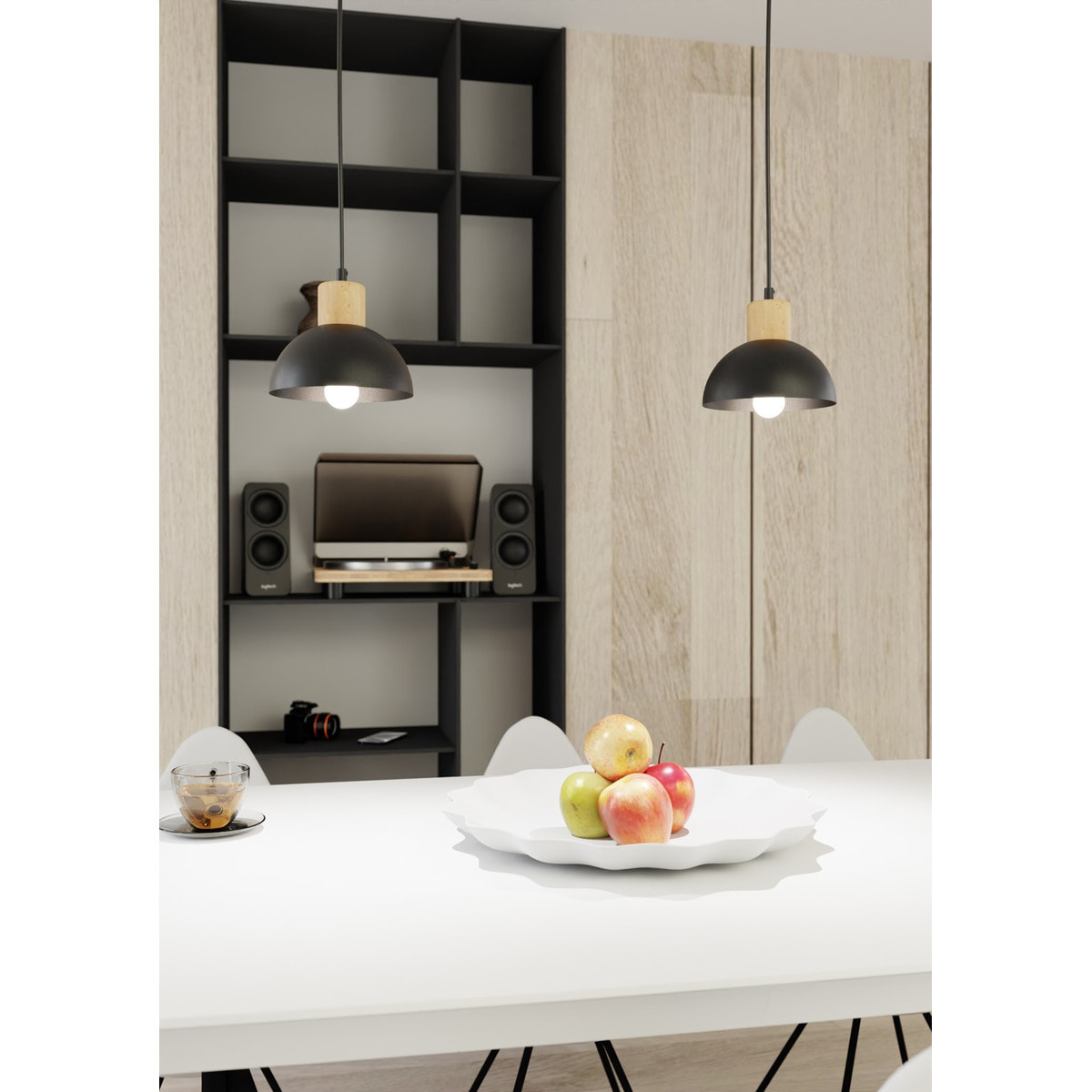 Lampada a sospensione Seco in acciaio nero e legno