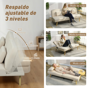 Sofá Cama de 3 Plazas con Mesa Auxiliar, 3 en 1, Sofá Cama Convertible con Respaldo Ajustable, Apertura Clik-Clak, 2 Almohadas para Reposabrazos y Patas de Metal, 196x86x81 cm, Beige