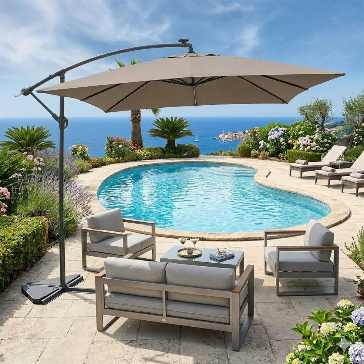 Parasol ecru déporté carré 3 x 3 m led DAVAGNA