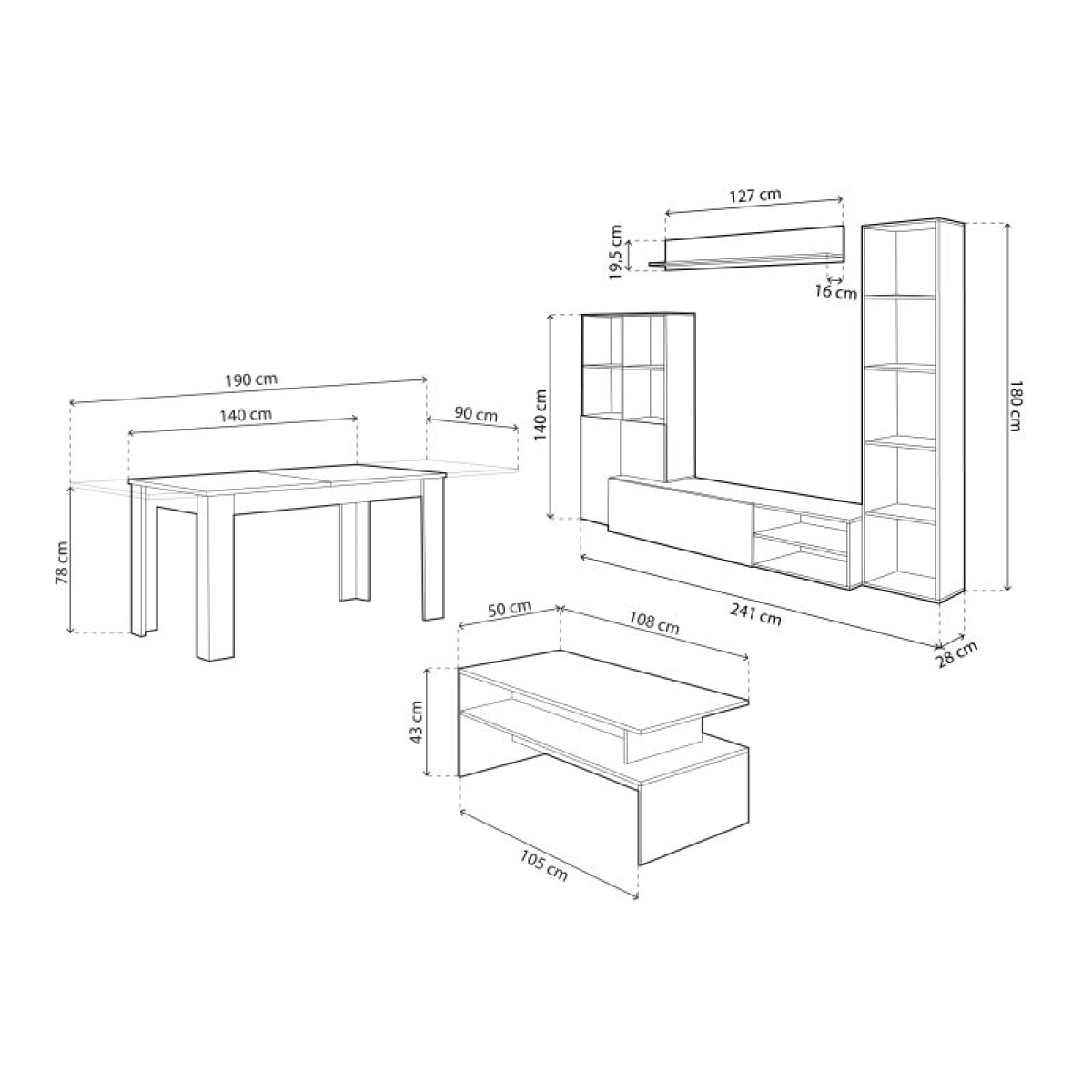 Pack salón con mesa de centro y mesa de comedor Iris Max Blanco Artik (Blanco Mate) - Roble Nodi