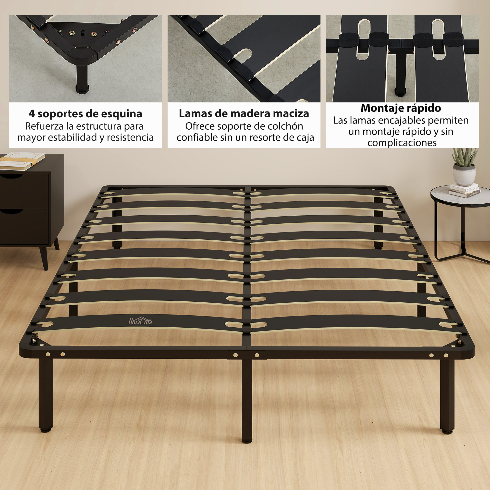 Somier 160x200 cm, Altura 26 cm, Estructura de Cama de Plataforma de Acero con Espacio de Almacenamiento Debajo y Láminas de Álamo, Fácil de Montar, Carga 350 kg, Negro