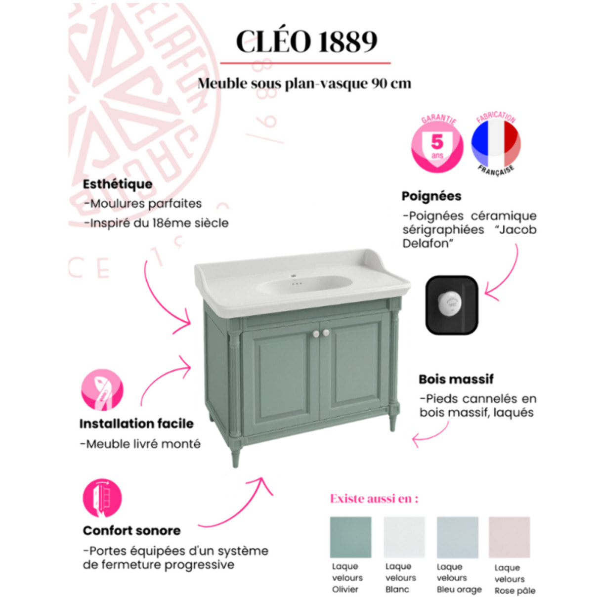 Meuble vasque Cléo 1889 vert olivier velours monotrou