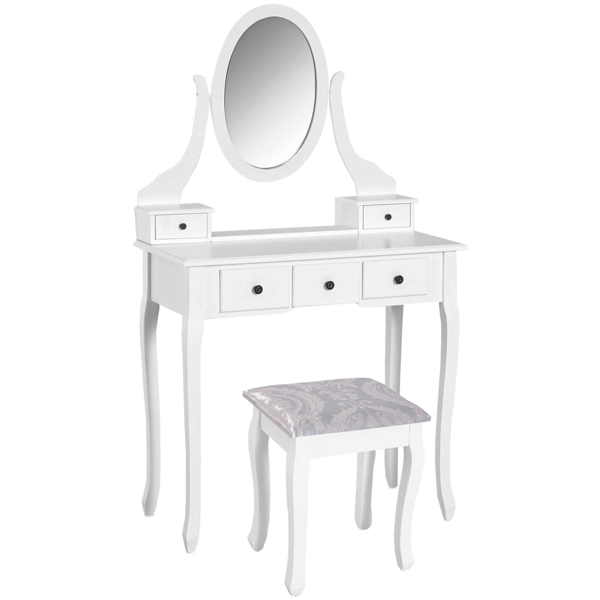 Coiffeuse et tabouret style baroque 5 tiroirs miroir ovale pivotant 360° MDF bois blanc