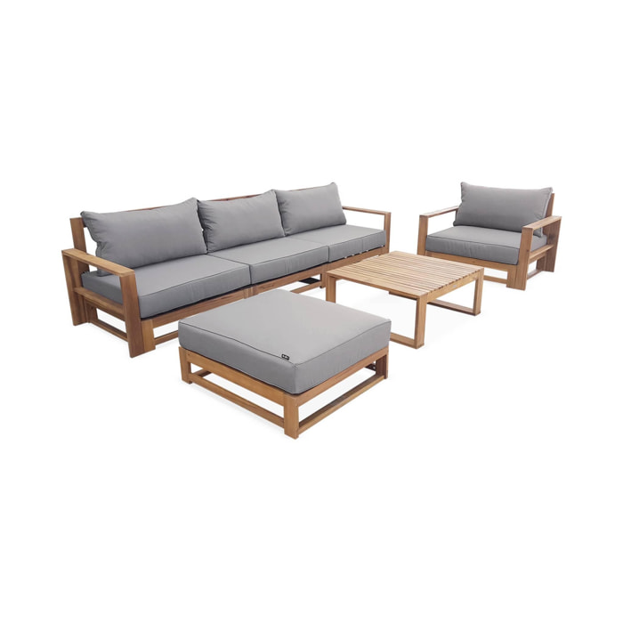 Salon de jardin en bois 5 places - Mendoza - Coussins gris. canapé. fauteuils et table basse en acacia. 6 éléments modulables. design