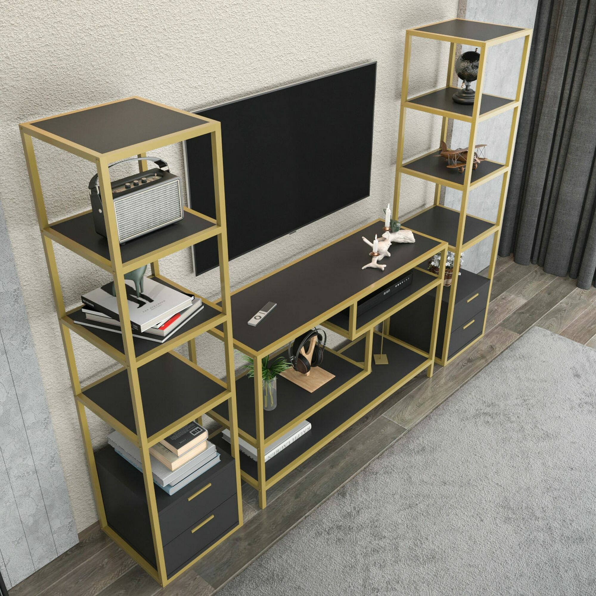 Parete attrezzata Dpisan, Composizione soggiorno, Mobile salotto multiuso, Armadio porta TV, 198x39h160 cm, Oro e Antracite