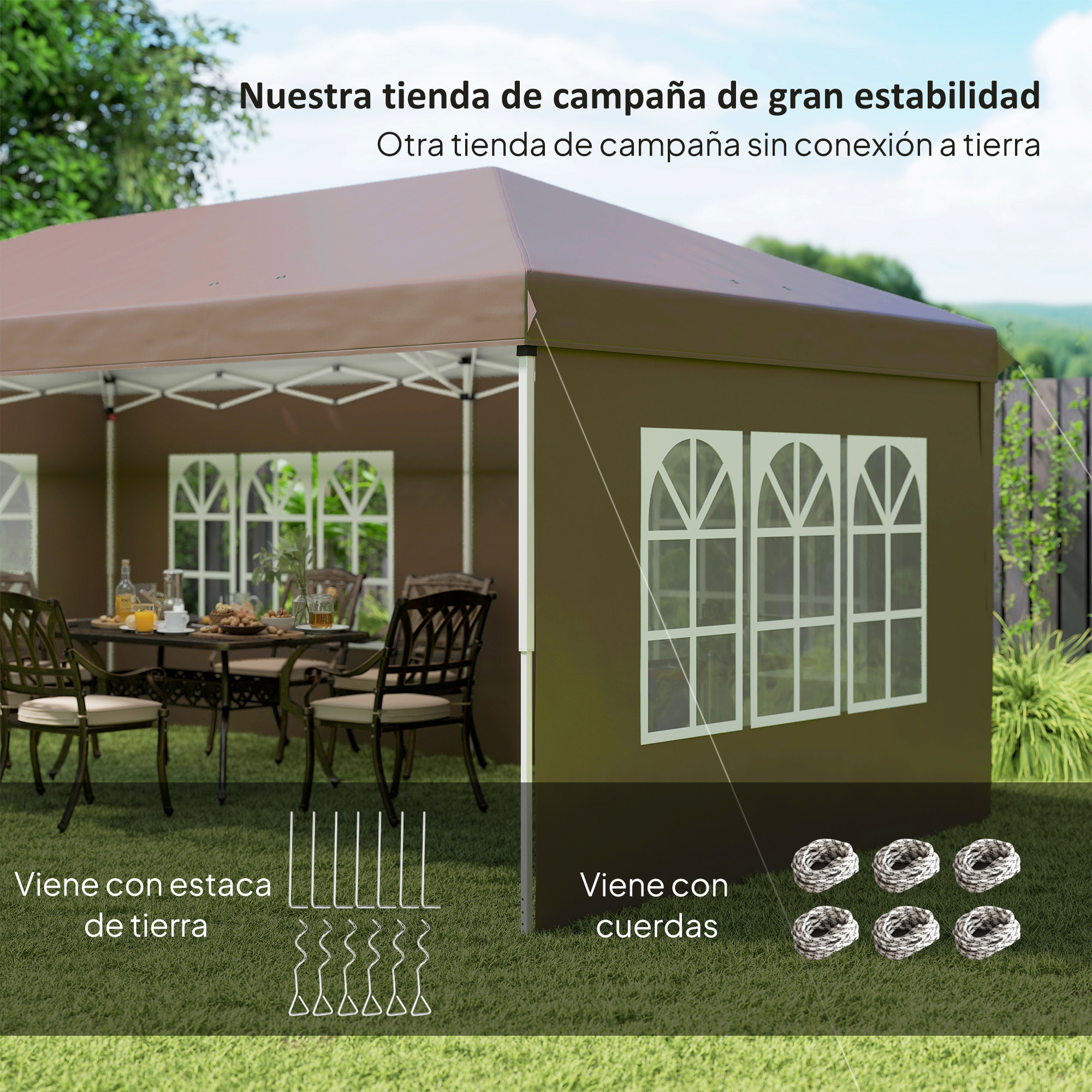 Carpa Plegable 6x3 m, Pop-up, con 4 Laterales Desmontables, Cenador de Jardín con 4 Ventanas Visibles y Bolsa de Transporte, Impermeable, Anti-UV, Gazebo para Camping, Fiestas, Exterior, Café