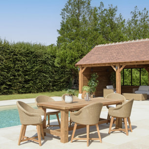 KALLY - Ensemble de jardin table en bois teck recyclé et chaises en rotin synth. 6 pers