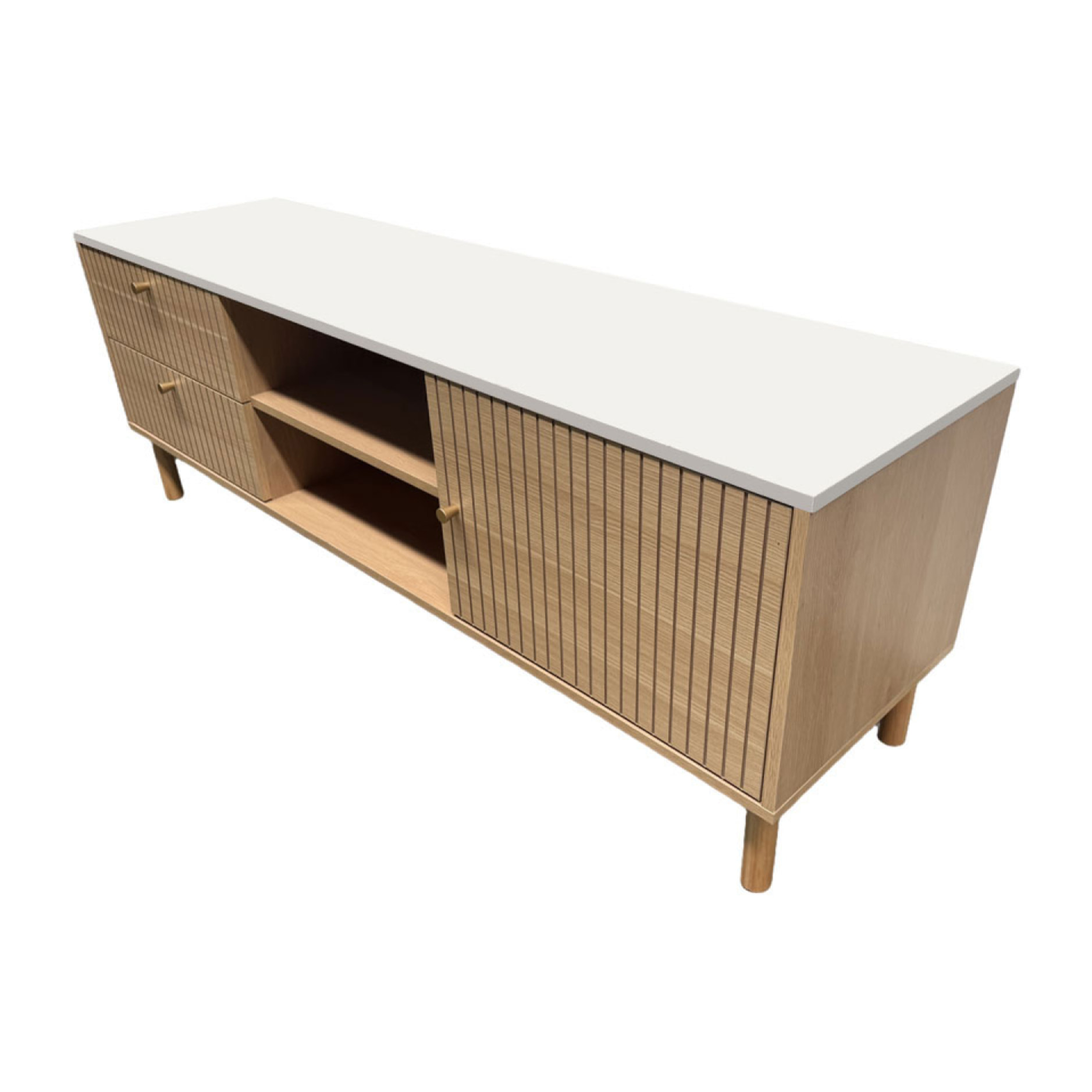 TOMAR Meuble TV aspect bois rainuré et blanc avec tiroirs et placard 150cm