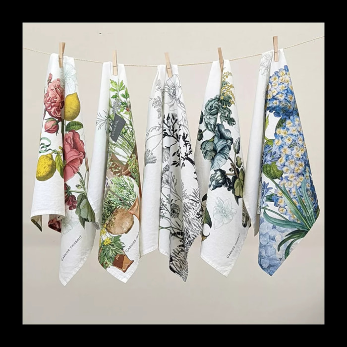 Torchon lin & coton lavé 190 g/m² imprimé bleu vert Giardino bleu