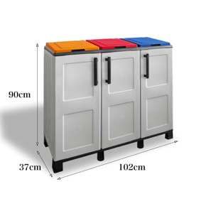 Armadio portarifiuti da esterno o interno, Mobile porta 3 sacchi a 3 ante, 100% Made in Italy, cm 102x37h90, colore Grigio chiaro e coperchi colorati