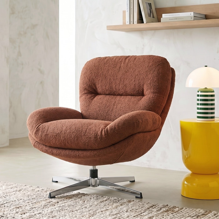 Fauteuil pivotant en tissu bouclé et piètement chromé - OLI